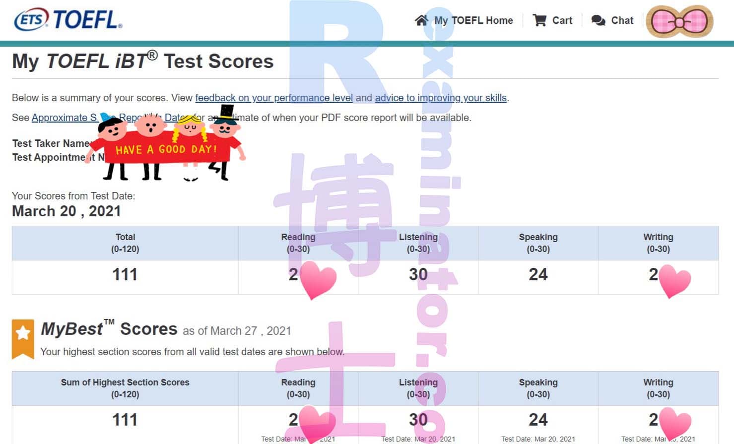 score image for Tricherie au TOEFL success story #143