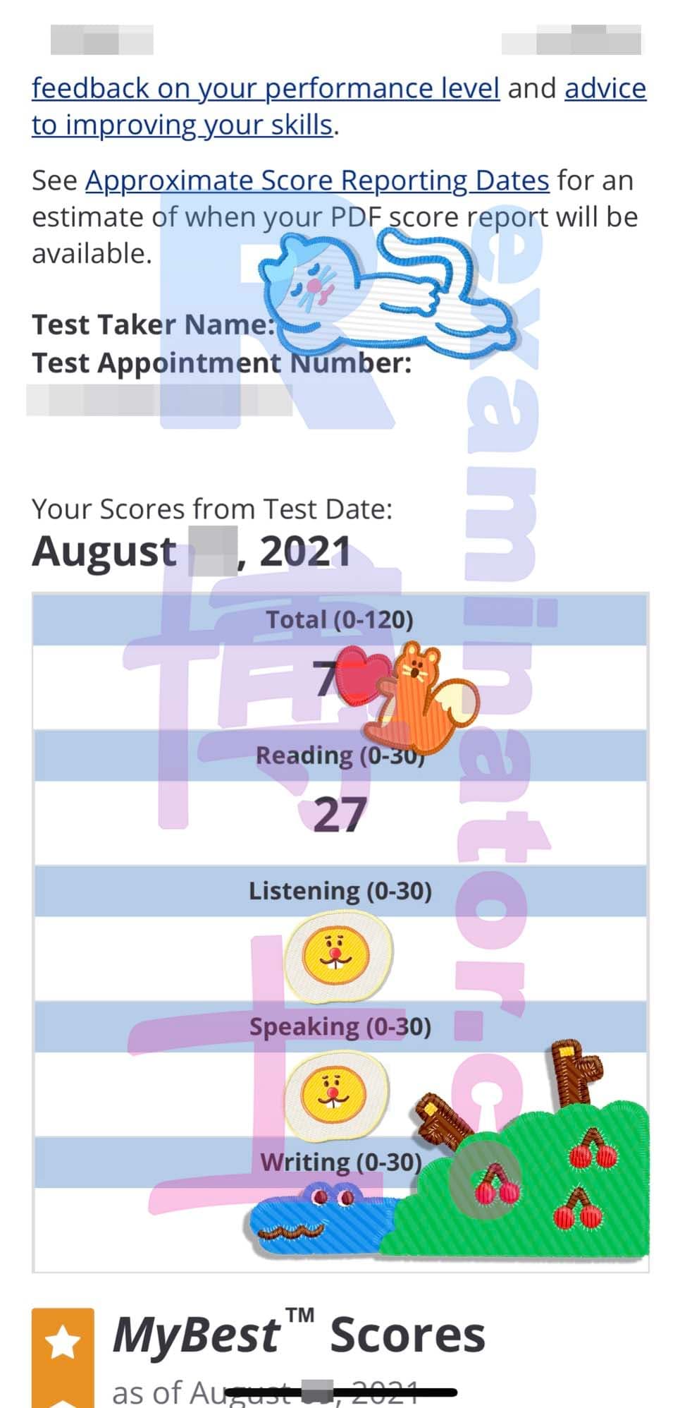 score image for Tricherie au TOEFL success story #184