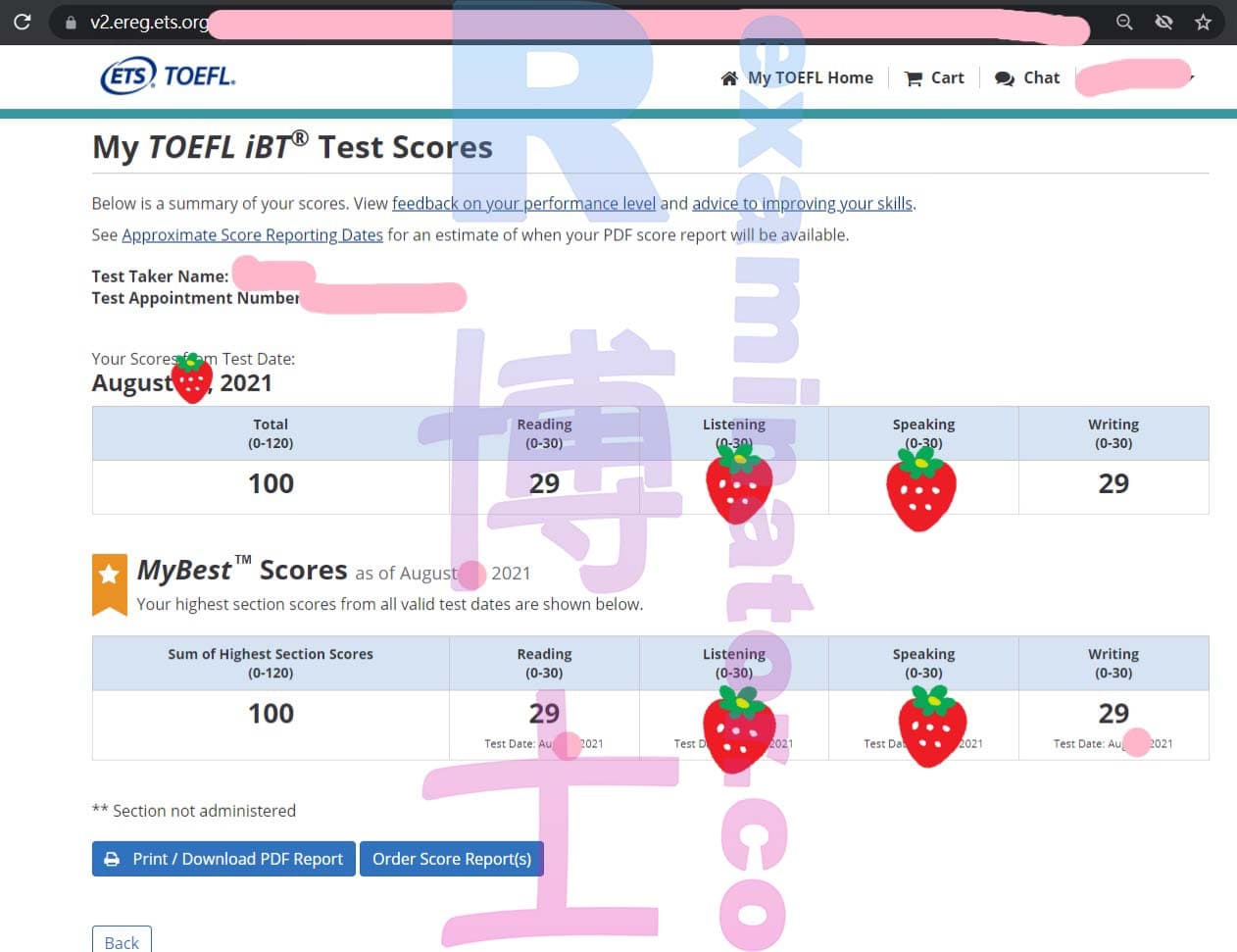 score image for Tricherie au TOEFL success story #188