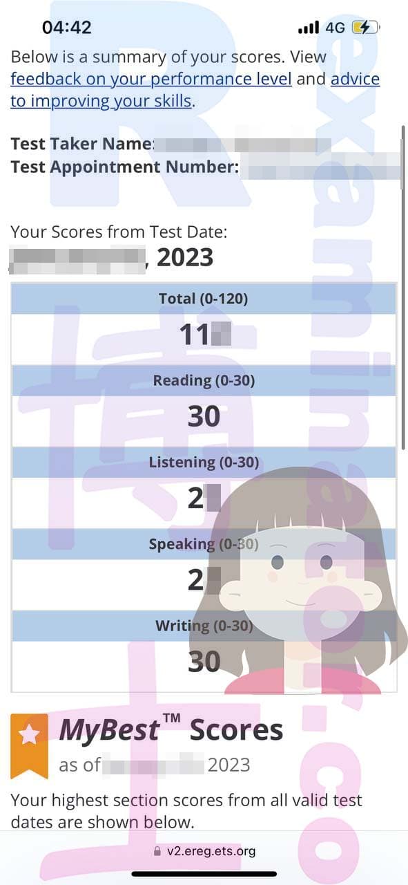 score image for Tricherie au TOEFL success story #542