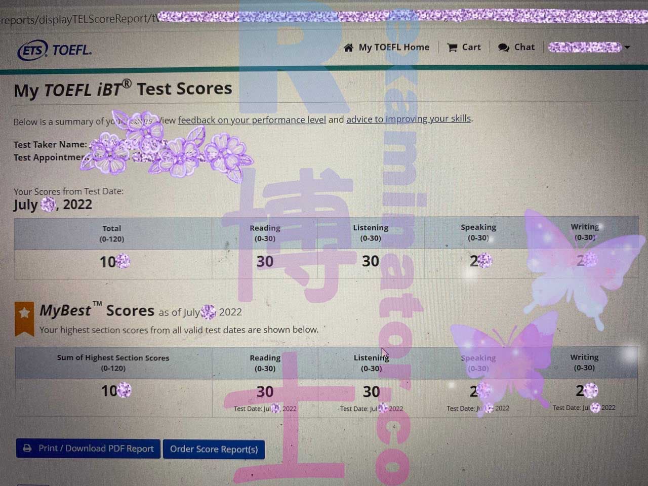 score image for Tricherie au TOEFL success story #355